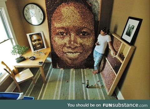 Portrait made out of wine bottle corks. This art is really surprising!