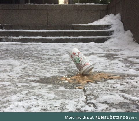 Cold day in Toronto, ON. Frozen starbucks cup on a sidewalk