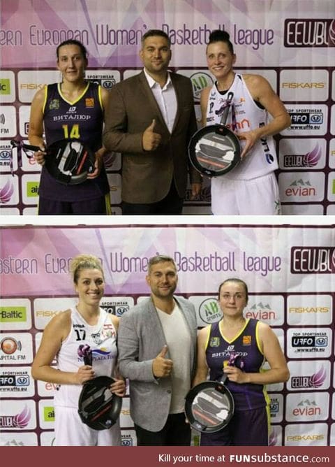 Women basketball champions get a pan as an award in Belarus