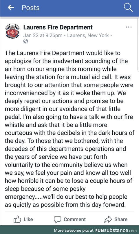 Small town fire department throws shade at people complaining about noise