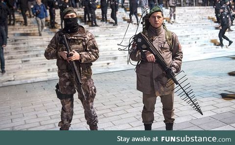 Soldier armed with a Drone Jammer, Taksim Square, Istambul