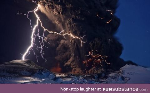 Lightning strike during a volcanic eruption in Iceland