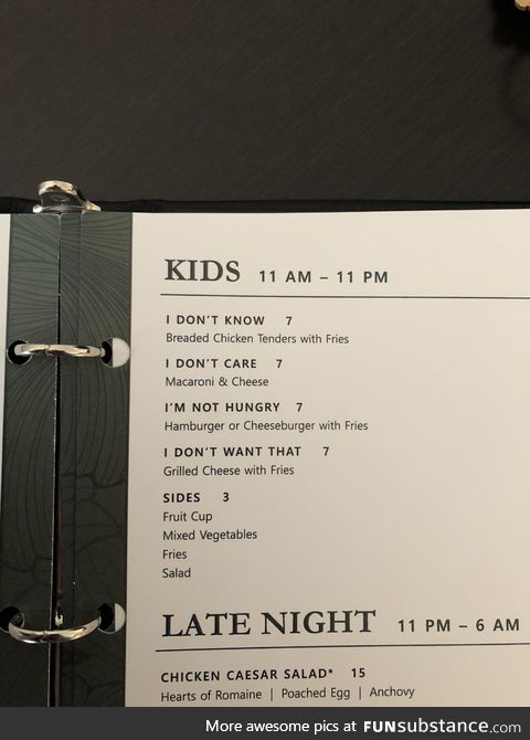 This kids menu at the hotel