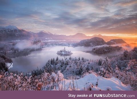 Snow on Lake Bled, Slovenia