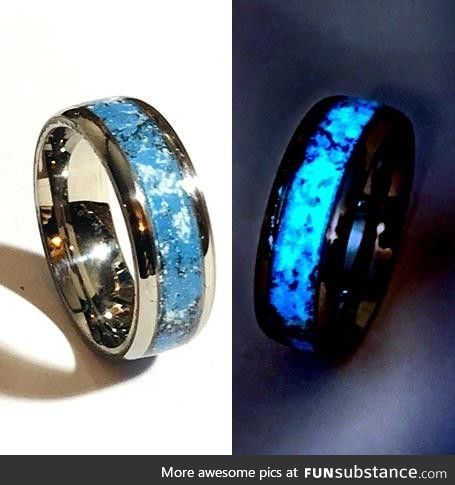 Titanium and Meteorite Blue Glow Ring, by day and by night