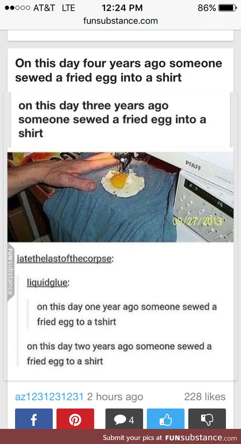 On this day 5 years ago someone sewed a fried egg into a shirt