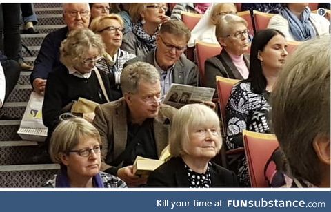 President of Finland was late and all the chairs where taken, so he sat on the stairs