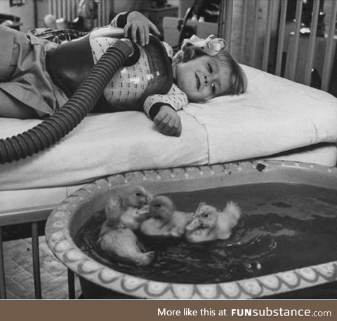 One of the first examples of Pet therapy on a child with polio - 1960