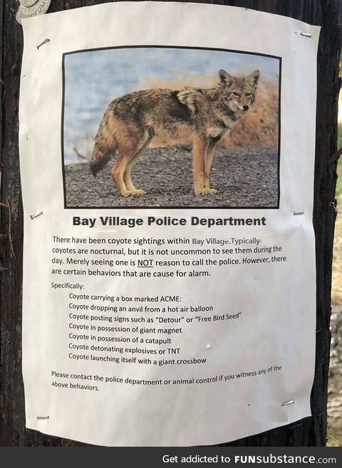 The mere sighting of a coyote is not a reason to call the Police department