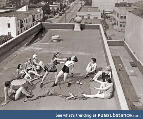 Women boxing on a roof in LA, circa 1933