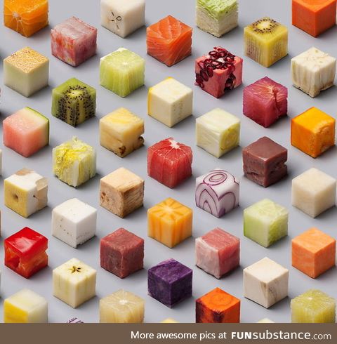 Artists perfectly cut 98 raw foods into perfect cubes. This is only some