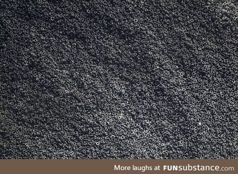 An aerial view of a tire graveyard