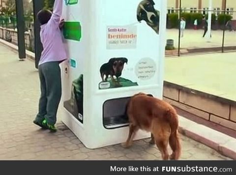 This vending machine dispenses food for homeless dogs when people recycle bottles