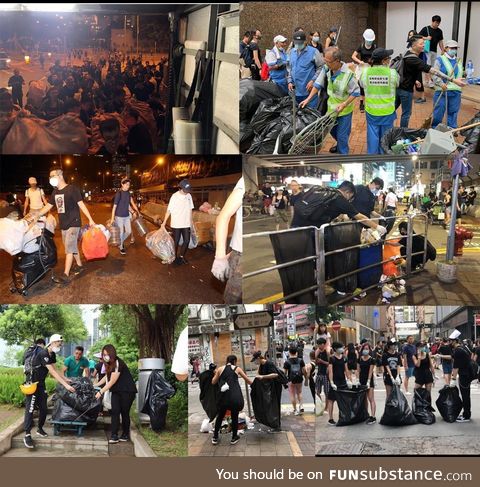 Hong Kongers picking up trash together after the protest