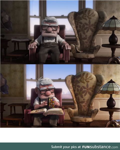 In Up (2009), before Carl finds out about the photos Ellie put in the adventure book, the