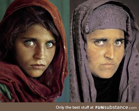 Sharbat Gula, left on the cover of National Geographic in 1985, and then nearly two