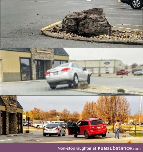 Local donut shop put a rock in their planter to keep people from driving over plants