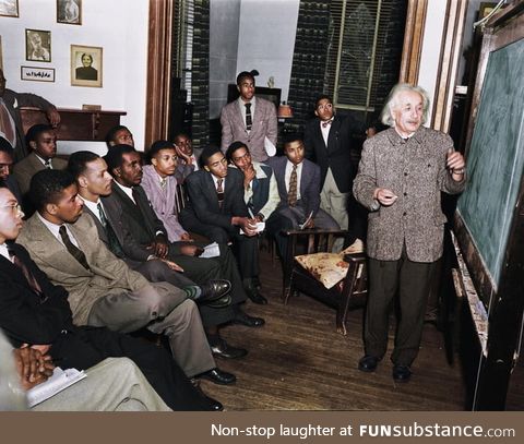 Albert Einstein teaching physics to a class of young black men at Lincoln University