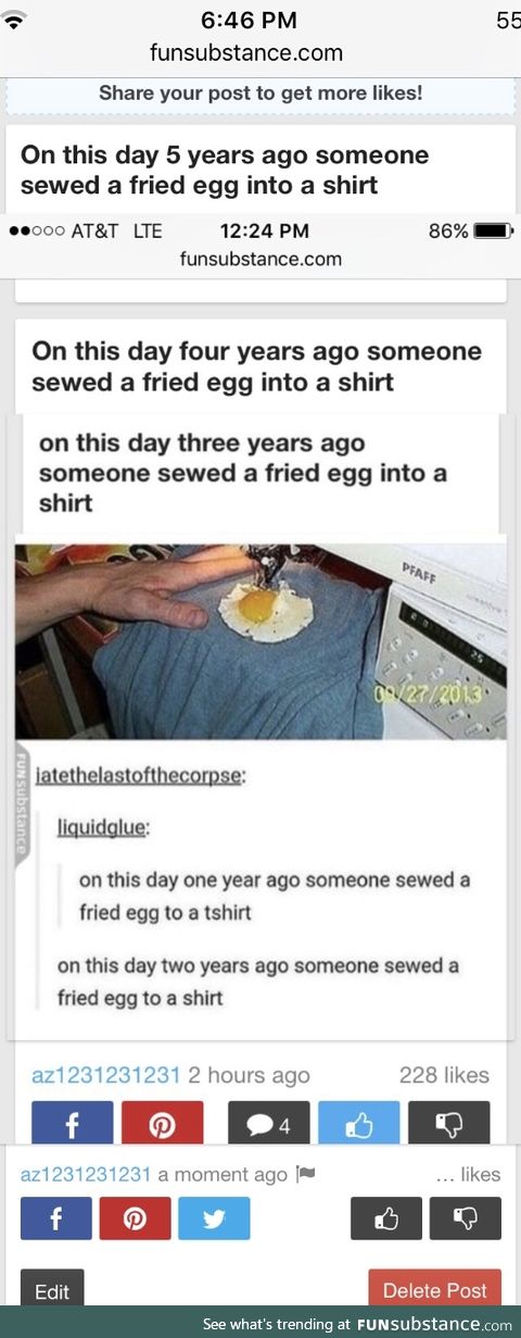 On this day six years ago someone sewed a fried egg into a shirt