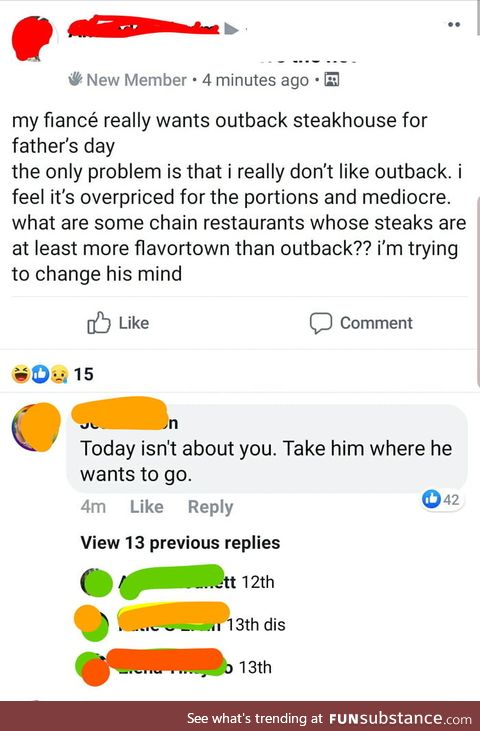 Let's celebrate Father's day by not letting him pick his own dinner