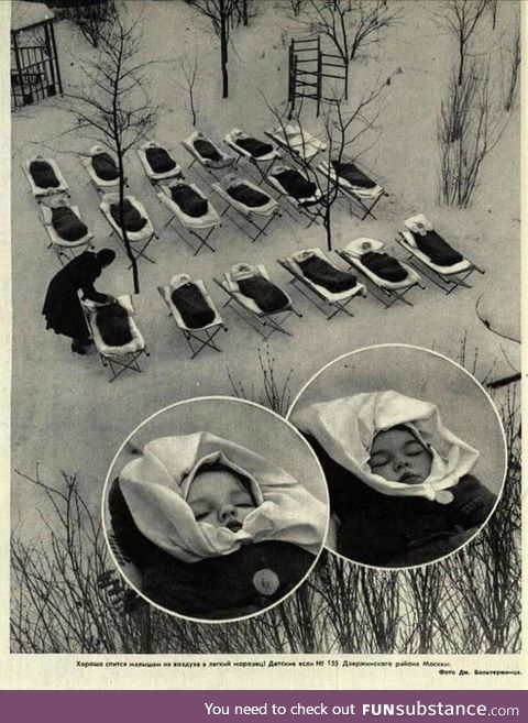 USSR, kindergarten - kids sleeping outside in winter to improve their immune system, 1958