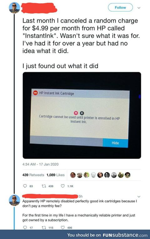 HP remotely disables perfectly good ink cartridges if you don't pay a monthly fee