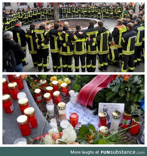 German firefighters mourn the loss of a colleague, who was beaten to death by a