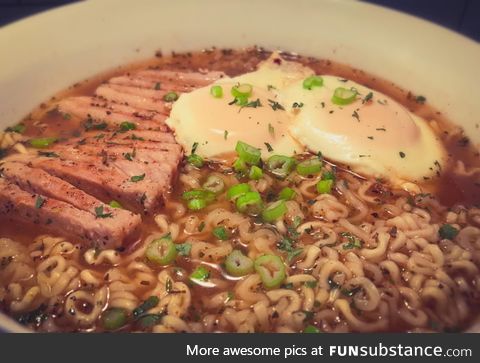 The "Waiting Until Payday .60 cents worth of ramen, leftover pork chop, and two