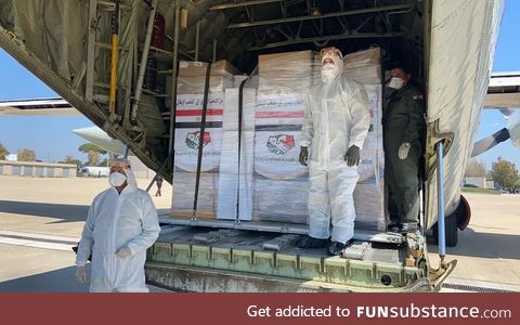 Egyptian military aircraft filled with with health aid has just landed in Italy. 'From