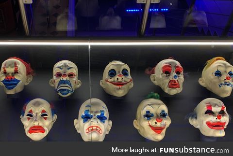 Authentic clown robbery masks from 'The Dark Knight.' On display at a DC Comics exhibit