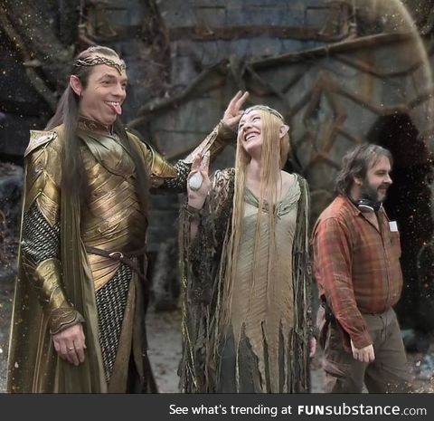 Hugo Weaving and Cate Blanchett having fun on set