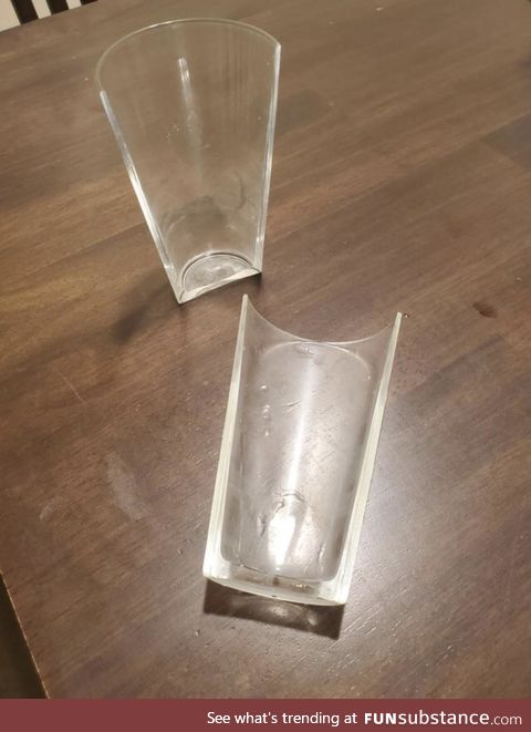 This cup somehow broke straight in half