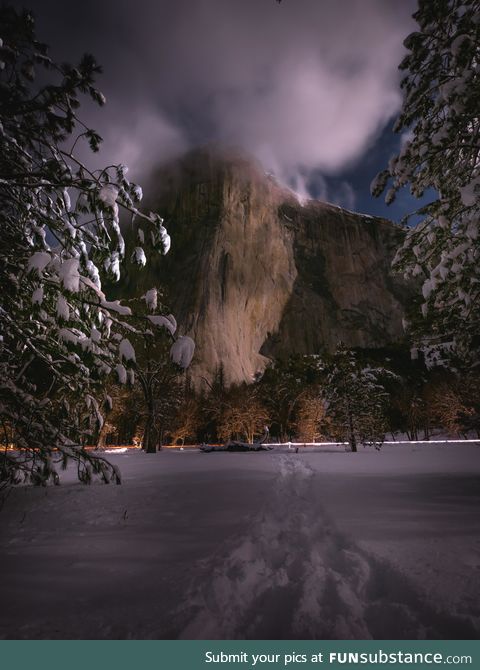 El Capitan lit by a full moon on a cold winter night. [OC]