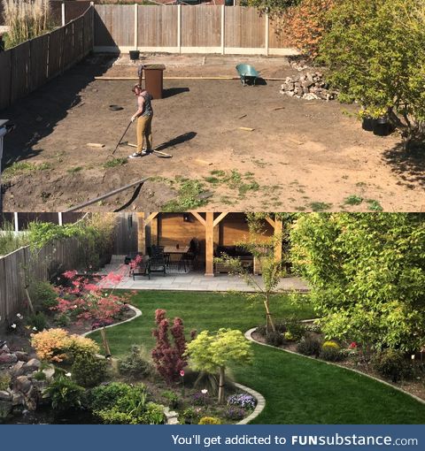 Heres our back yard transformation pic. The photos were taken exactly a year apart