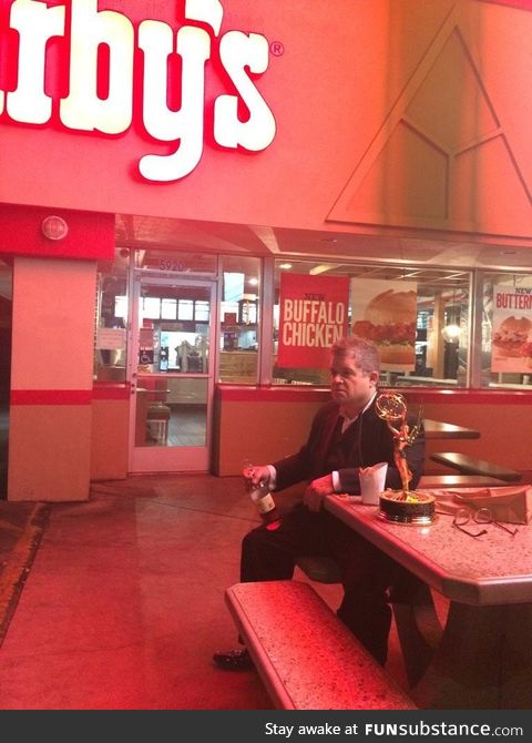 Patton Oswalt celebrating his Emmy Award alone in 2016, his wife had passed away earlier