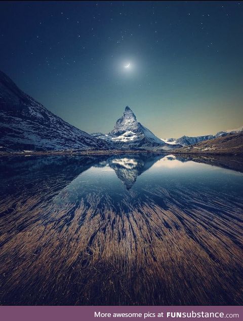 Matterhorn glacier between moon and elongated branches