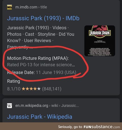 Apparently Jurassic Park is rated PG-13 for intense science