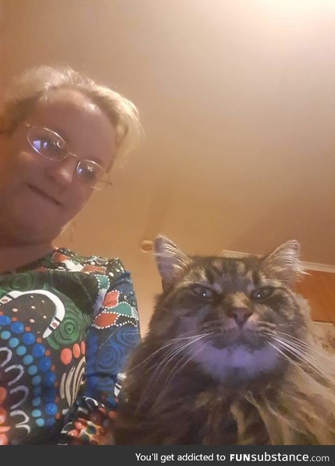 My mom sent me a selfie of her and my cat while I was away