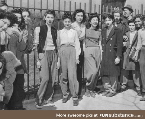 Female students protesting “No pants to school” rule in Brooklyn, 1945