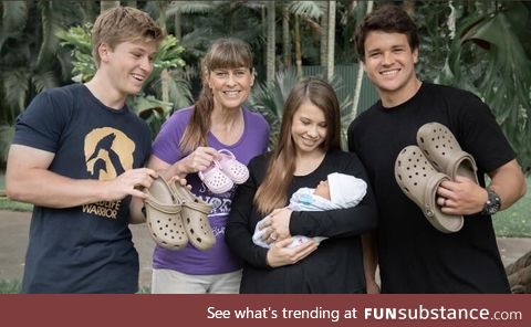 Newborn Grace Irwin Powell’s first croc encounter