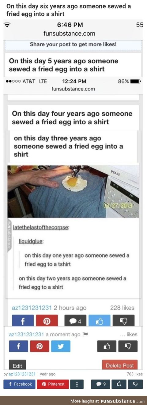 On this day eight years ago someone sewed a fried egg into a shirt