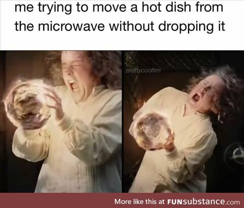 Removing a dish that's too hot from the microwave