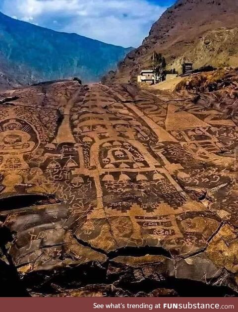 Ancient schatial glyphs on the Karakoram Highway in the Gilgit-Baltistan region, Pakistan.