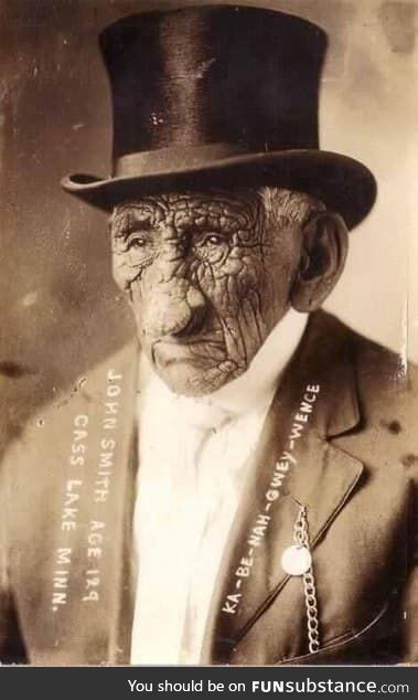 John Smith, aka Ganabiagwiya; Chippewa Indian, who lived in Minnesota, at the age of 129.