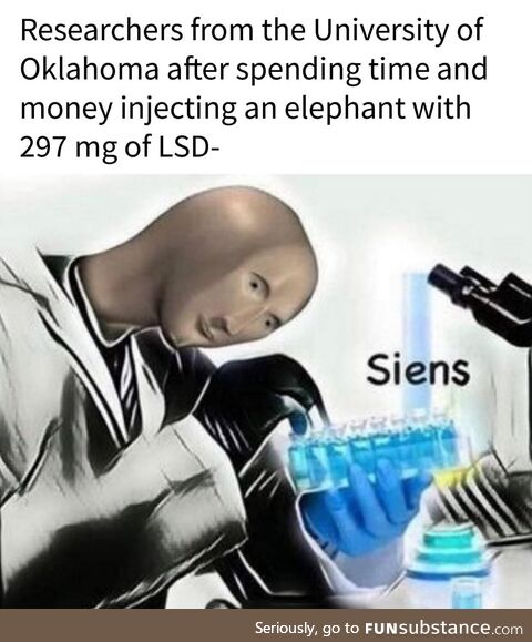 "Hmm. Elephants respond badly to massive doses of LSD...Fascinating."