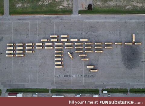 52 yellow school buses lined up to honor the 4,368 children killed by gun violence this