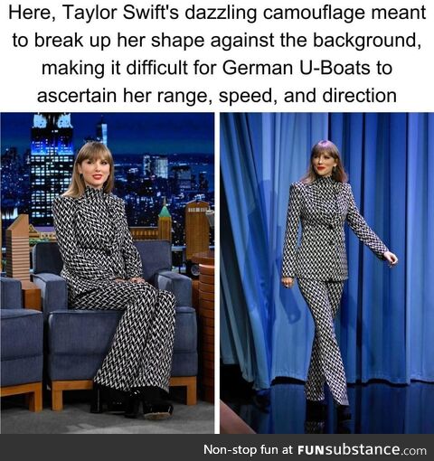 Taylor Swift, British nautical engineer, displaying new dazzle camouflage used to make it