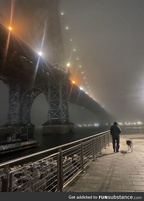 The Williamsburg Bridge in the fog tonight