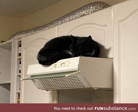 Cats sleep in odd places. There was no heat here when he decided to sleep