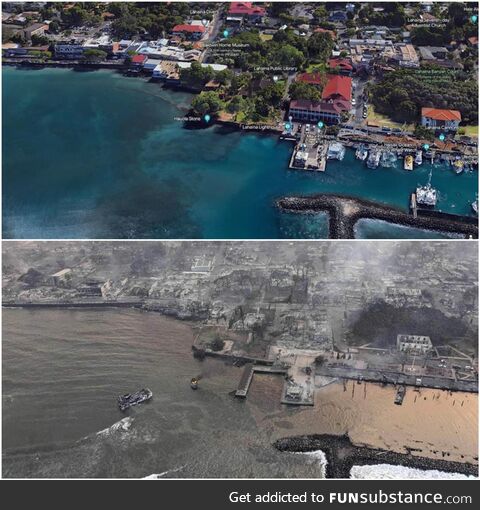 Lahaina, before and after the Hawaii wildfires